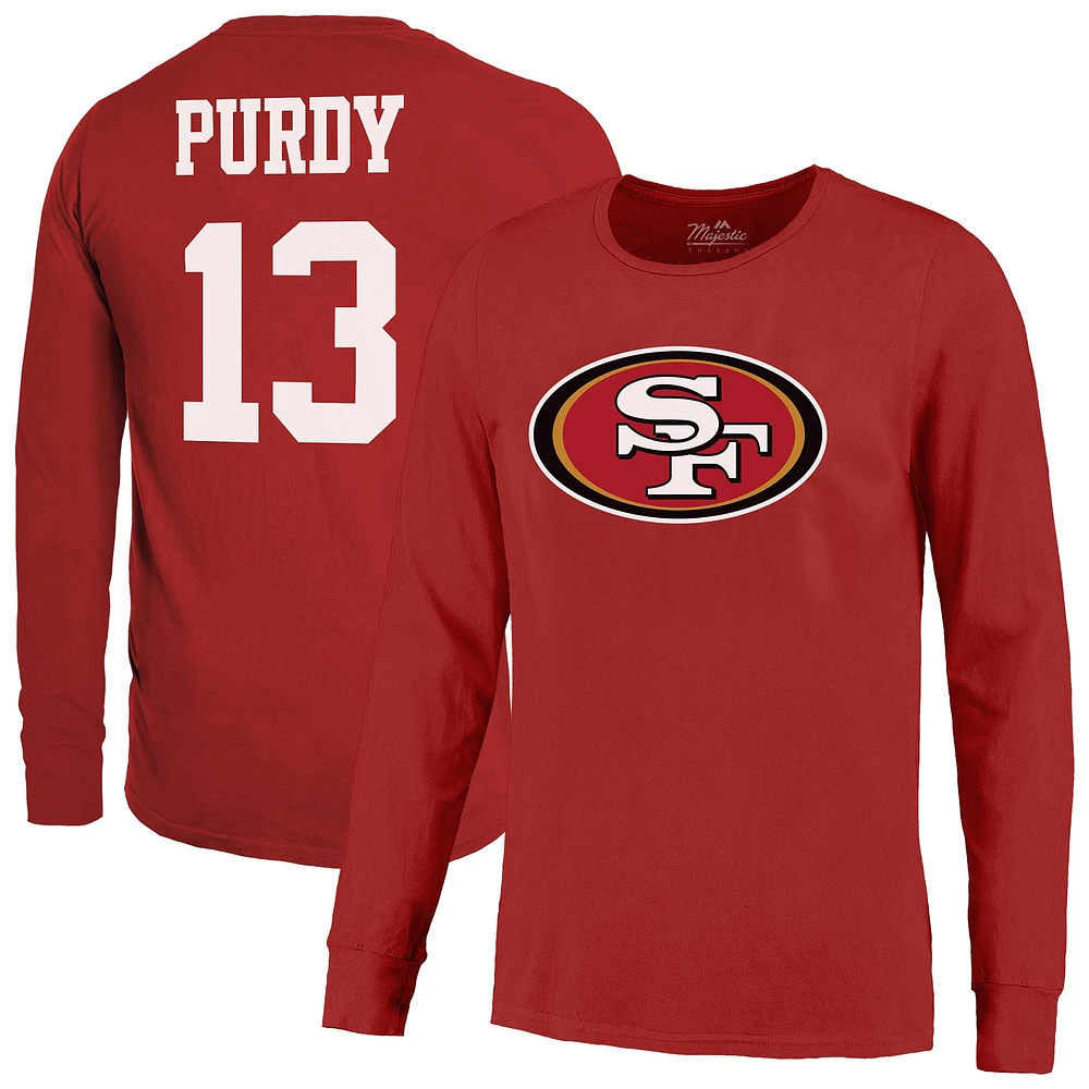 T-shirt à manches longues pour homme Majestic Threads Brock Purdy Scarlet avec nom et numéro des 49ers de San Francisco