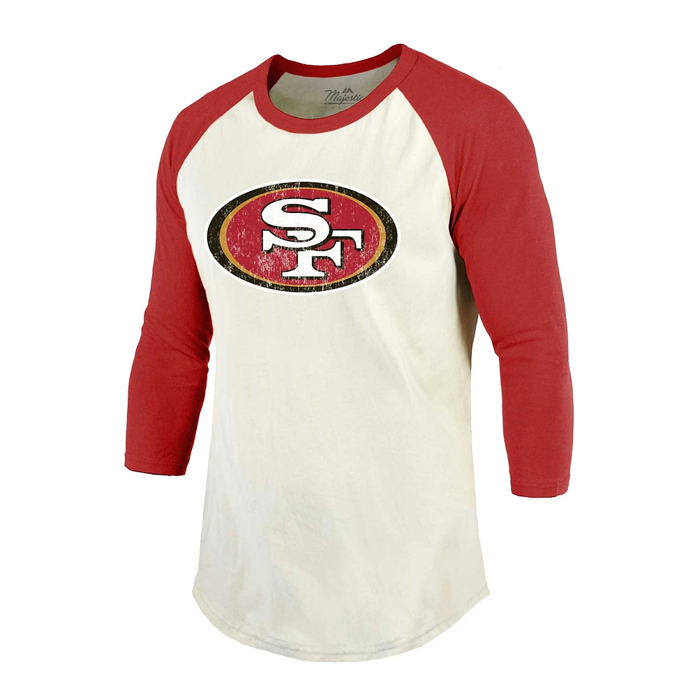 Majestic Threads Homme Christian McCaffrey Crème/Scarlet San Francisco 49ers Nom et numéro du joueur T-shirt à manches raglan 3/4