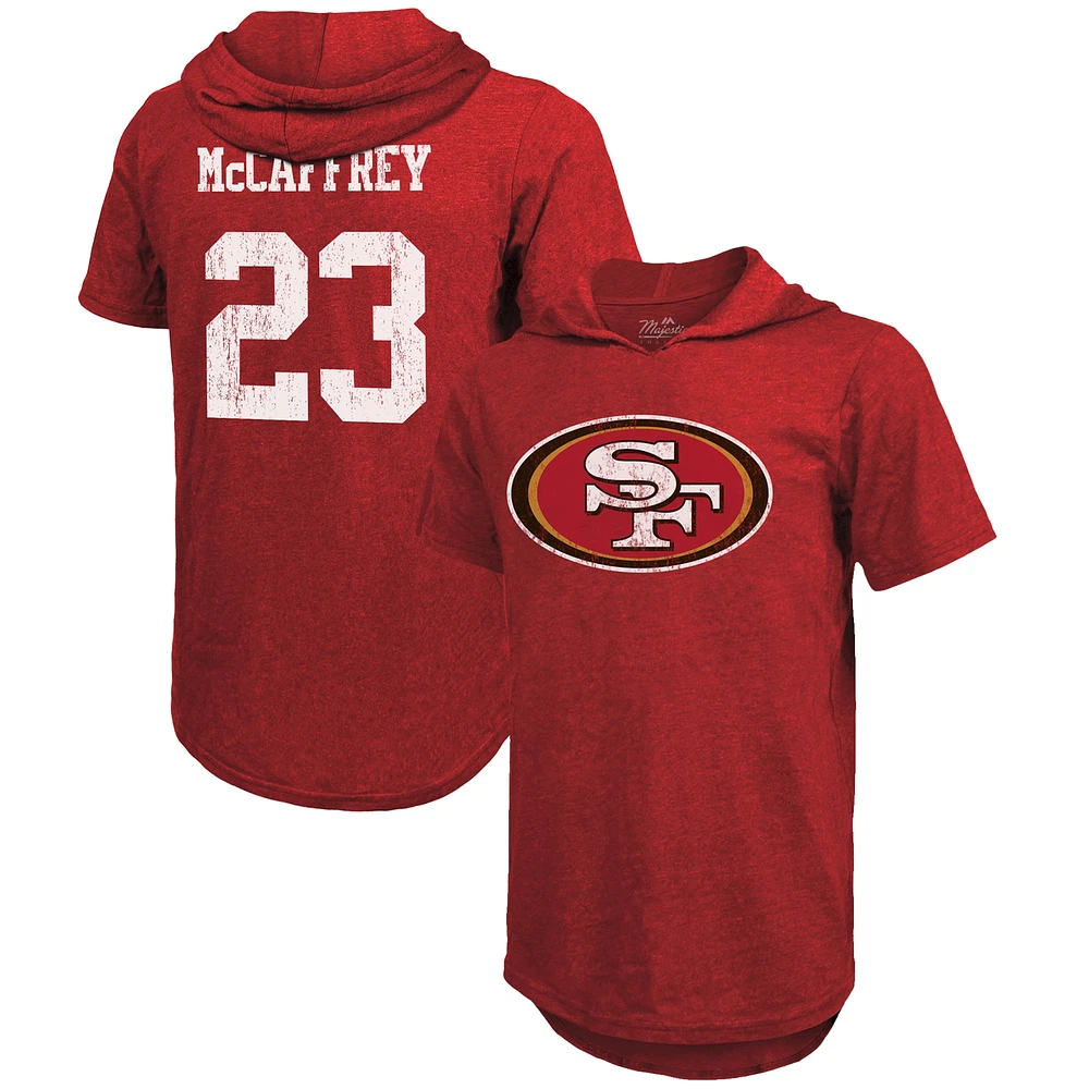 Men's Majestic Threads Christian McCaffrey Scarlet San Francisco 49ers Player Name & Number Tri-Blend Slim Fit Hoodie T-Shirt