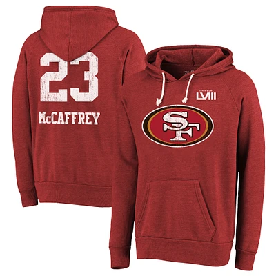 Majestic Threads pour hommes Christian McCaffrey Scarlet San Francisco 49ers Super Bowl LVIII Nom et numéro Tri-Blend Pull à capuche