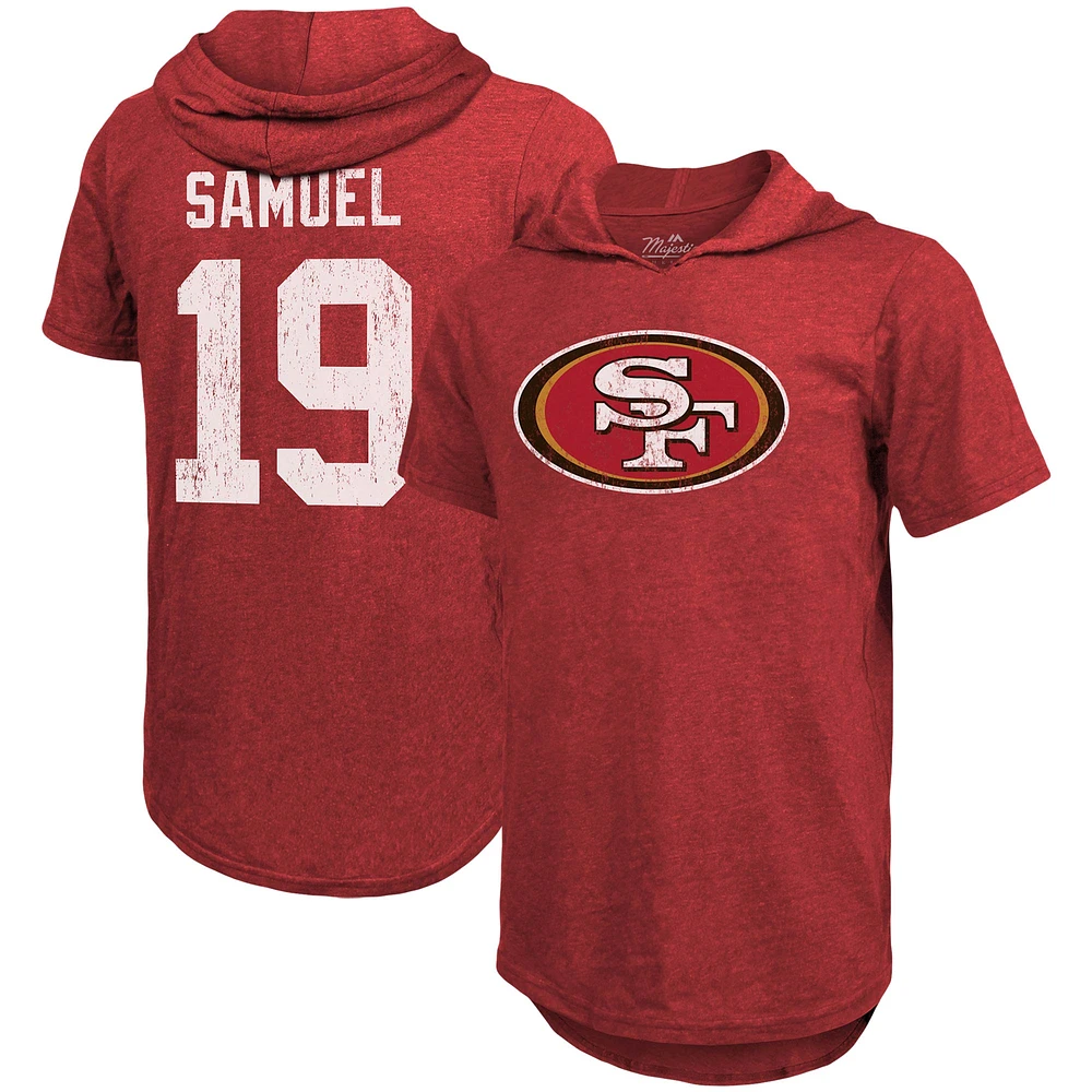 T-shirt à capuche ajusté en mélange tri-blend avec nom et numéro de joueur des 49ers San Francisco Deebo Samuel Scarlet pour hommes Majestic Threads