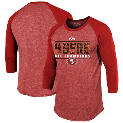 Men's Majestic Threads Scarlet San Francisco 49ers 2023 NFC Champions Tri-Blend Raglan 3/4-Sleeve T-Shirt