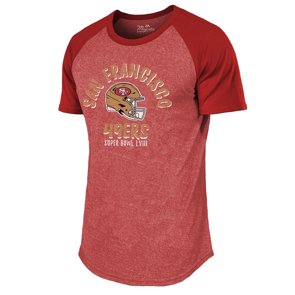 Men's Majestic Threads Scarlet San Francisco 49ers Super Bowl LVIII Tri-Blend Raglan T-Shirt