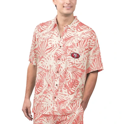 Men's Margaritaville Tan San Francisco 49ers Sand Washed Monstera Print Party Button-Up Shirt