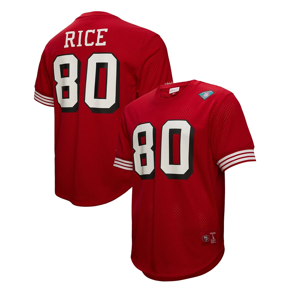 Haut en maille pour homme Mitchell & Ness Jerry Rice Scarlet avec nom et numéro de joueur retraité des 49ers San Francisco