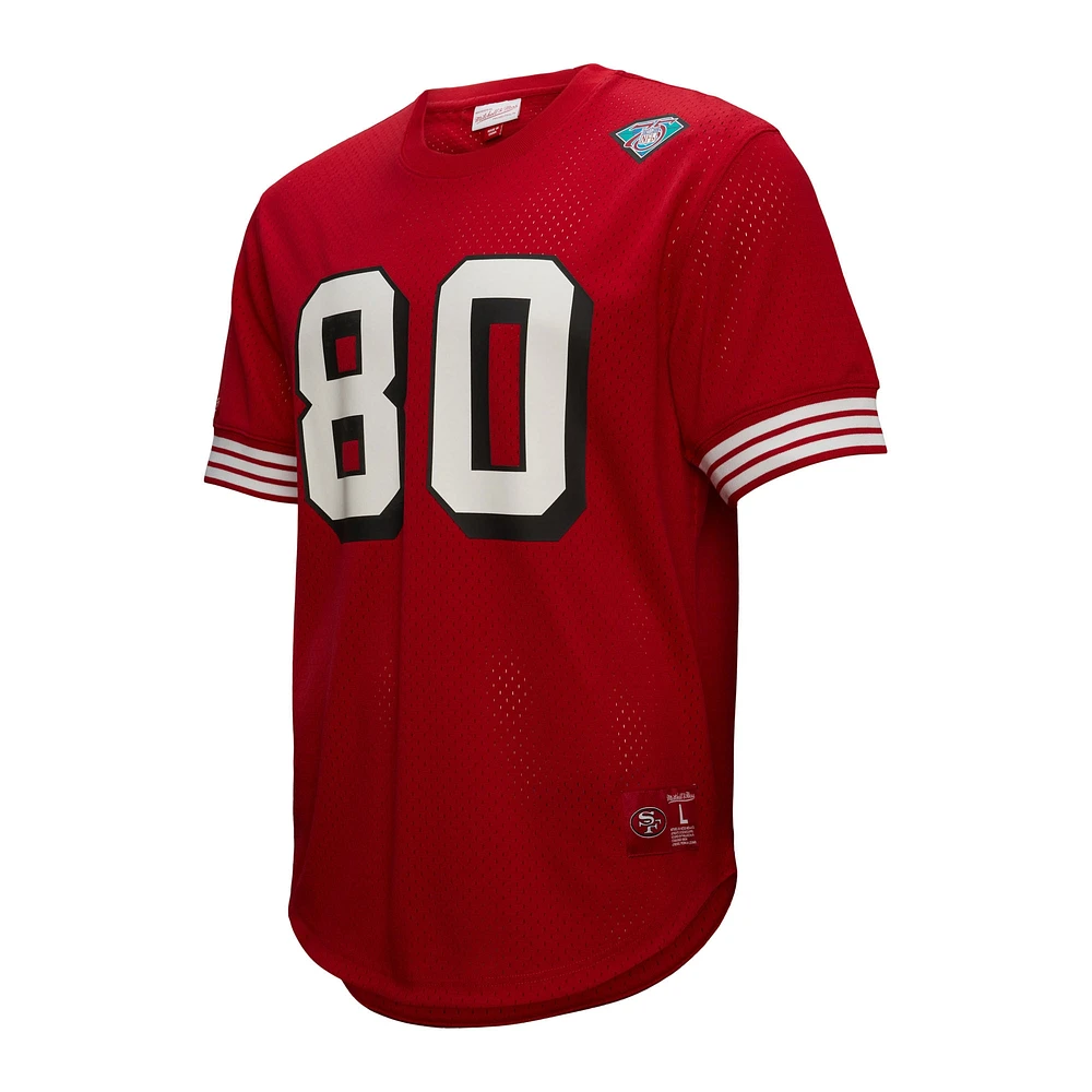 Haut en maille pour homme Mitchell & Ness Jerry Rice Scarlet avec nom et numéro de joueur retraité des 49ers San Francisco