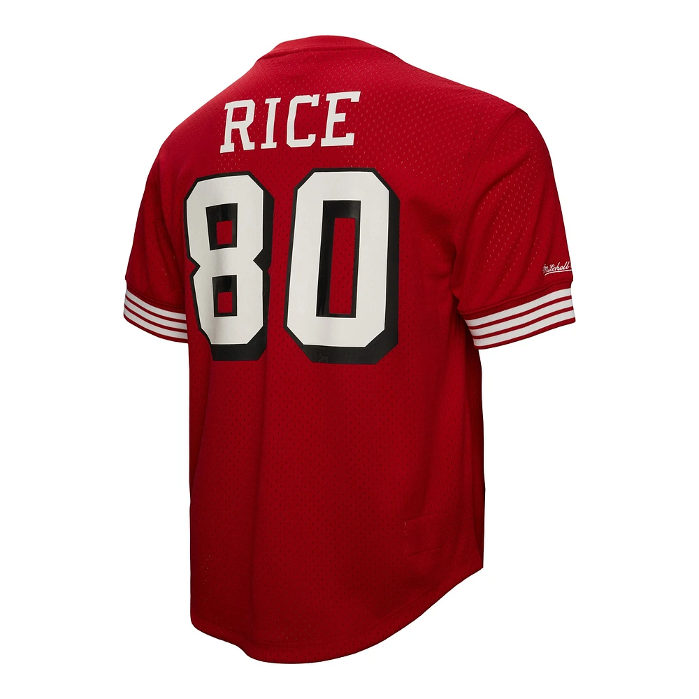 Haut en maille pour homme Mitchell & Ness Jerry Rice Scarlet avec nom et numéro de joueur retraité des 49ers San Francisco