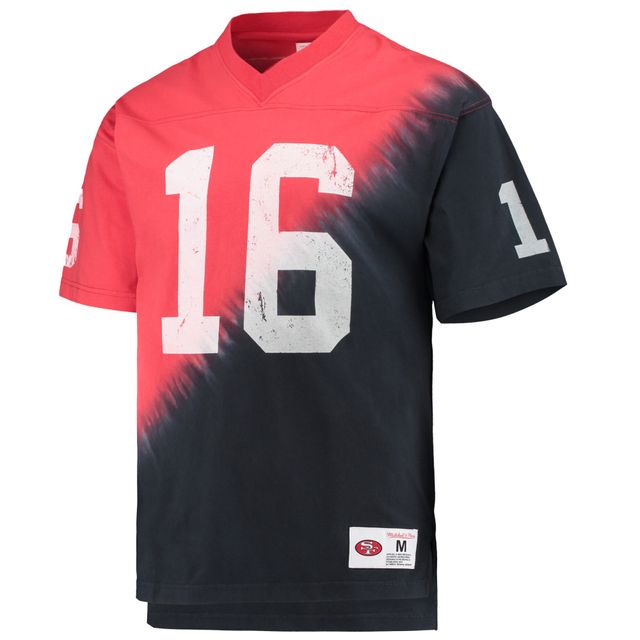 Mitchell & Ness Joe Montana pour homme Noir/Rouge San Francisco 49ers Nom et numéro du joueur à la retraite T-shirt col en V teint par nœuds diagonale