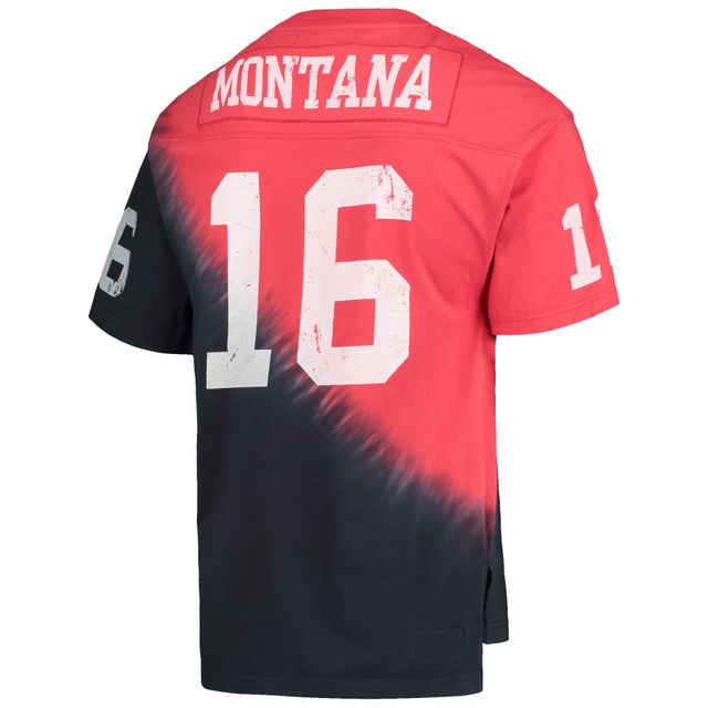 Mitchell & Ness Joe Montana pour homme Noir/Rouge San Francisco 49ers Nom et numéro du joueur à la retraite T-shirt col en V teint par nœuds diagonale