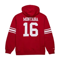 Sweat à capuche pour homme Mitchell & Ness Joe Montana Scarlet avec nom et numéro de joueur retraité des 49ers San Francisco