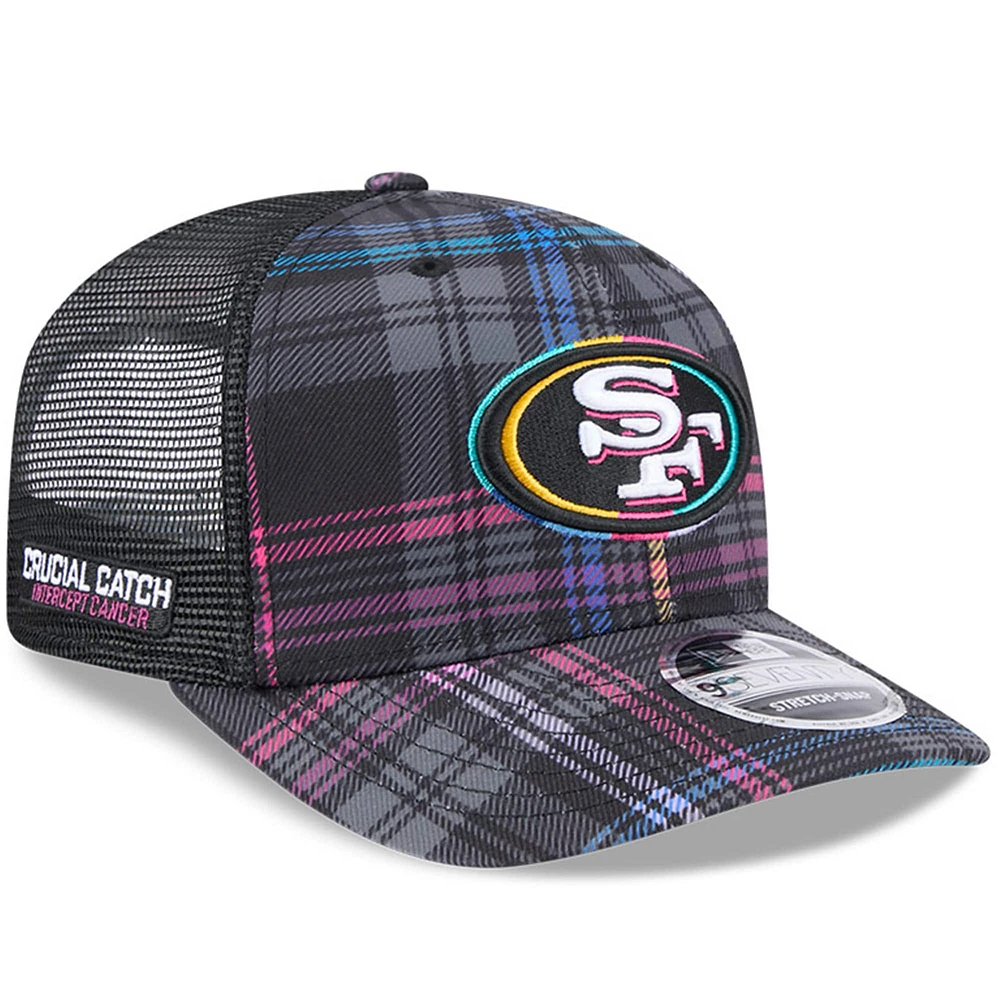 Men's New Era Black San Francisco 49ers 2024 NFL Crucial Catch Plaid 9SEVENTY Trucker Snapback Hat