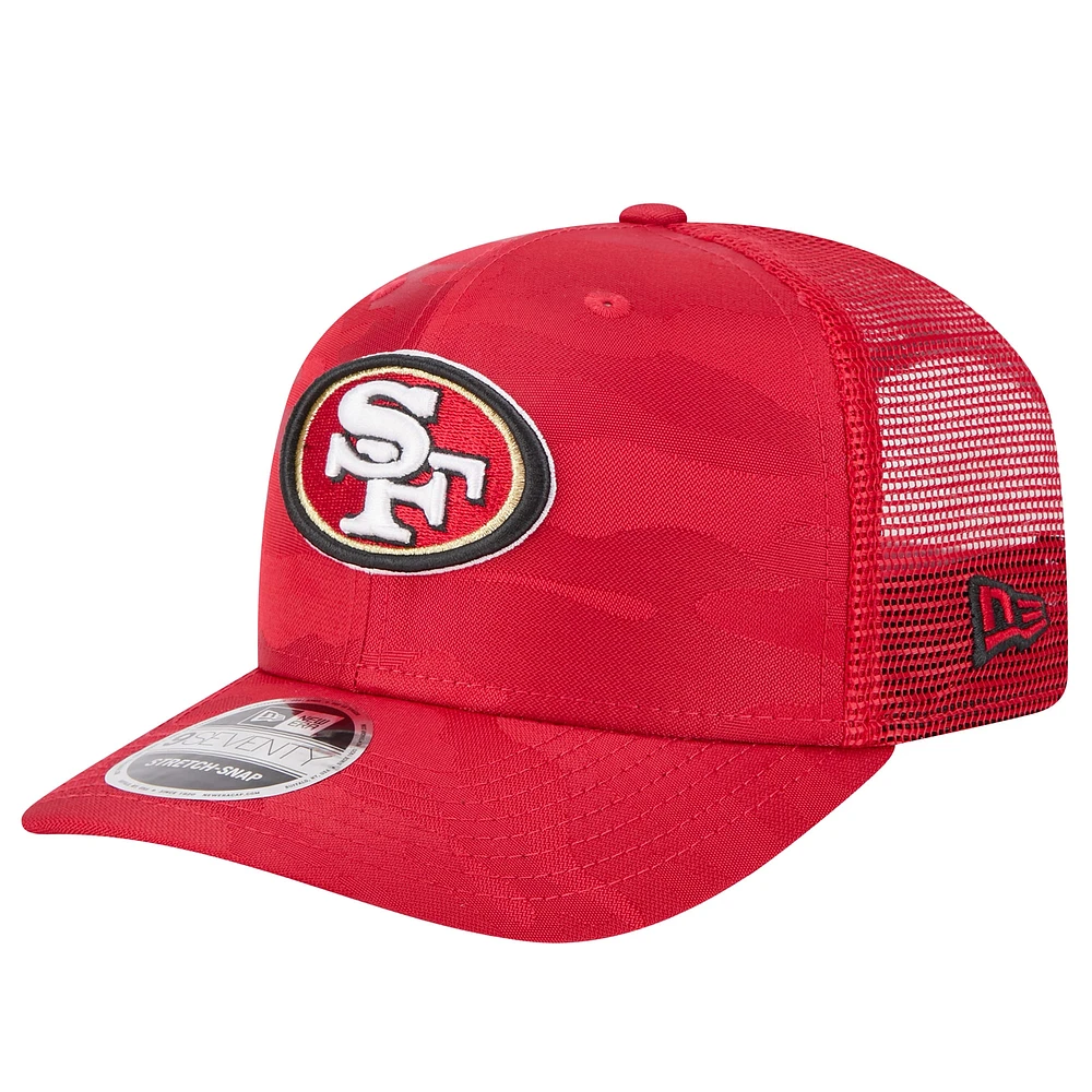 Men's New Era Scarlet San Francisco 49ers Adventure Camo Trucker 9SEVENTY Stretch-Snap Adjustable Hat