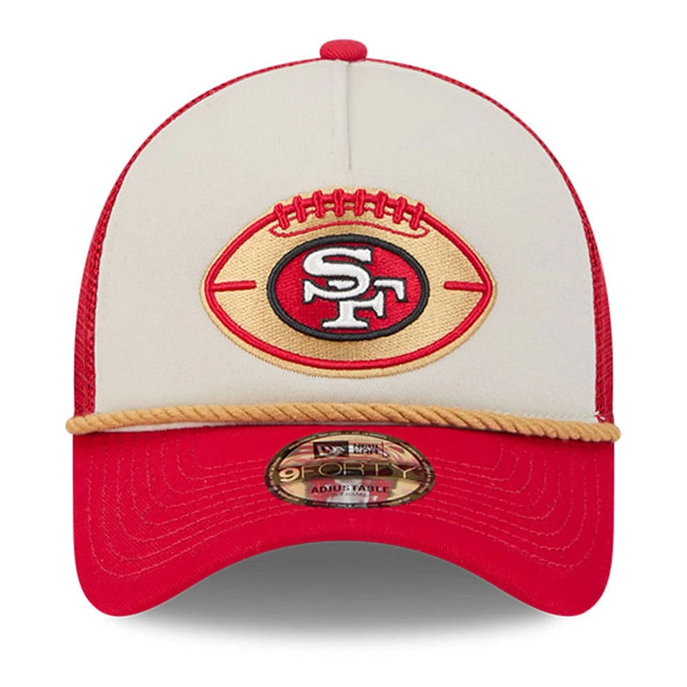 Men's New Era Stone/Scarlet San Francisco 49ers 2024 NFL Sideline Historic 9FORTY A-Frame Trucker Adjustable Hat