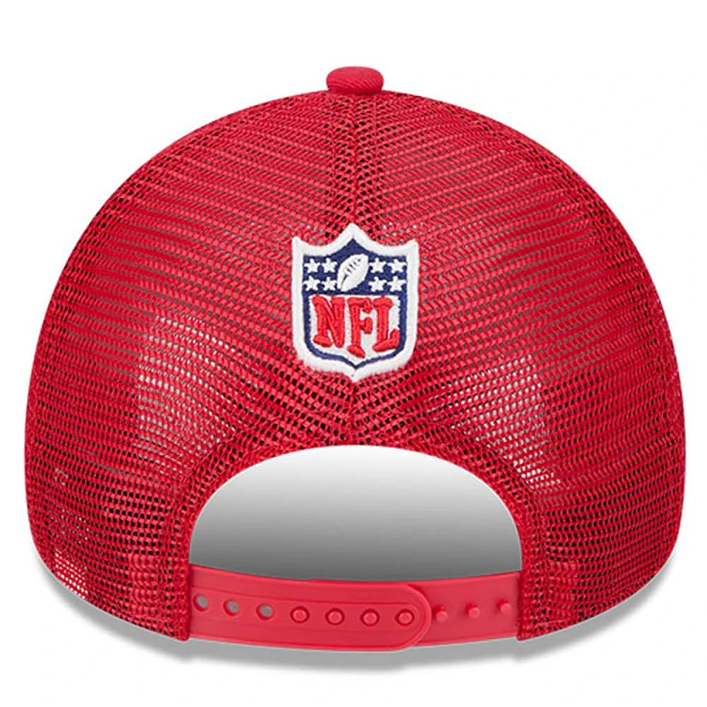 Men's New Era Stone/Scarlet San Francisco 49ers 2024 NFL Sideline Historic 9FORTY A-Frame Trucker Adjustable Hat