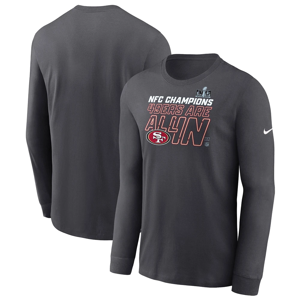 T-shirt à manches longues Nike anthracite San Francisco 49ers 2023 NFC Champions Locker Room Trophy Collection pour homme