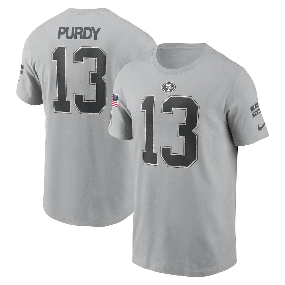 T-shirt Nike Brock Purdy gris pour homme San Francisco 49ers 2024 Salute To Service avec nom et numéro