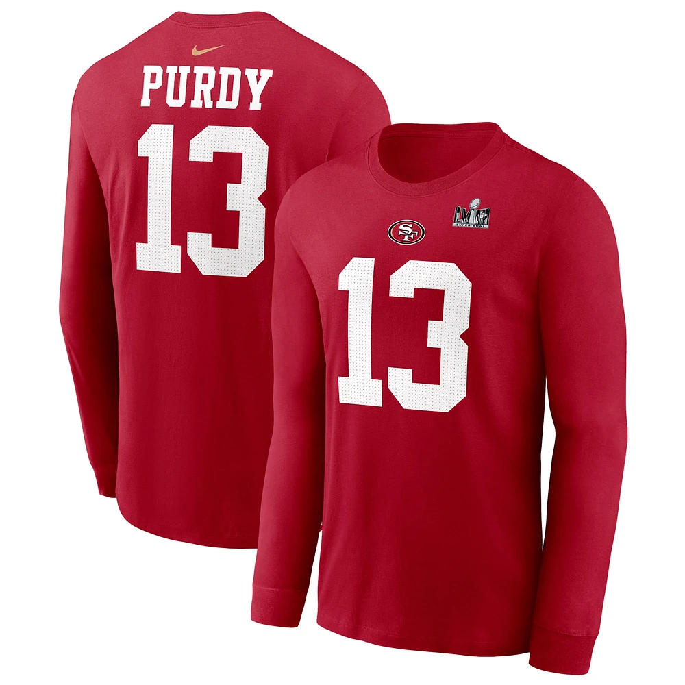 T-shirt à manches longues pour homme Nike Brock Purdy Scarlet San Francisco 49ers Super Bowl LVIII Patch Nom et numéro du joueur