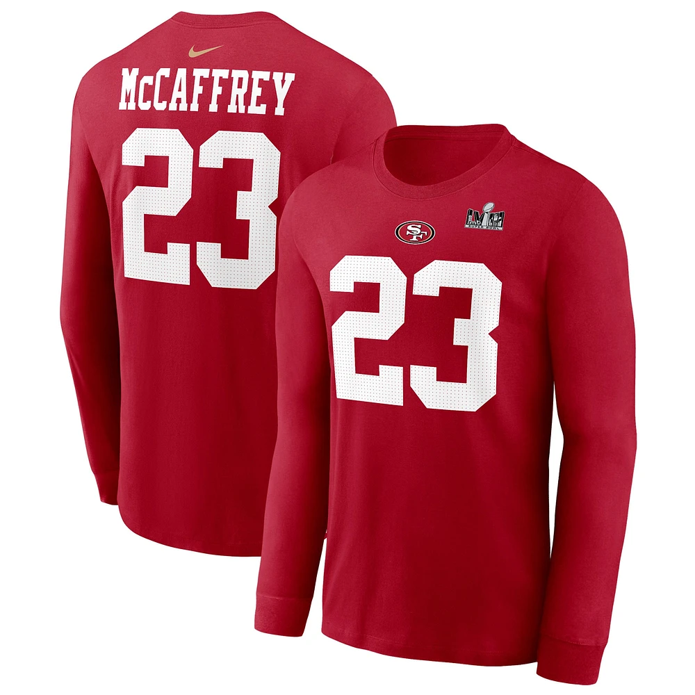 T-shirt à manches longues pour homme Nike Christian McCaffrey Scarlet San Francisco 49ers Super Bowl LVIII Patch Nom et numéro du joueur