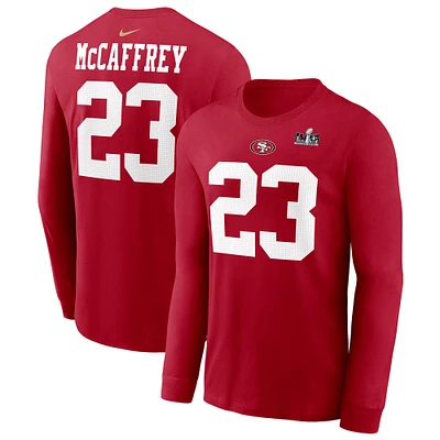 Men's Nike Christian McCaffrey Scarlet San Francisco 49ers Super Bowl LVIII Patch Player Name & Number Long Sleeve T-Shirt