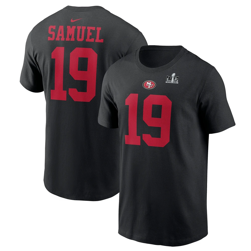 T-shirt Nike Deebo Samuel pour homme, noir, San Francisco 49ers Super Bowl LVIII Patch, nom et numéro du joueur