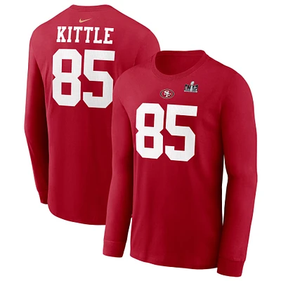 Men's Nike George Kittle Scarlet San Francisco 49ers Super Bowl LVIII Patch Player Name & Number Long Sleeve T-Shirt