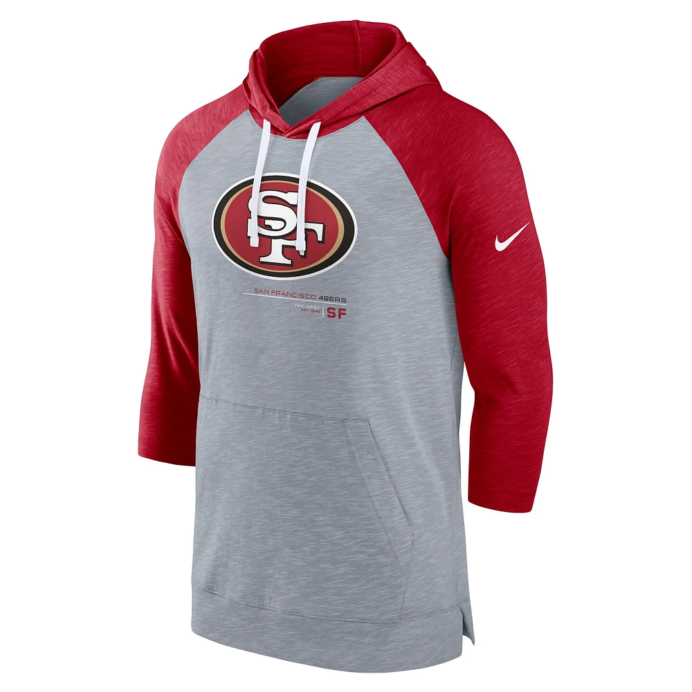 Chandail à capuchon manches 3/4 raglan des San Francisco 49ers Nike Heather Grey/Heather Scarlet pour Homme