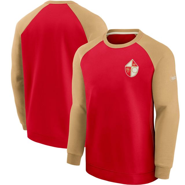 Pull Nike à col ras du cou et manches raglan historique des 49ers de San Francisco pour homme, couleur écarlate/doré