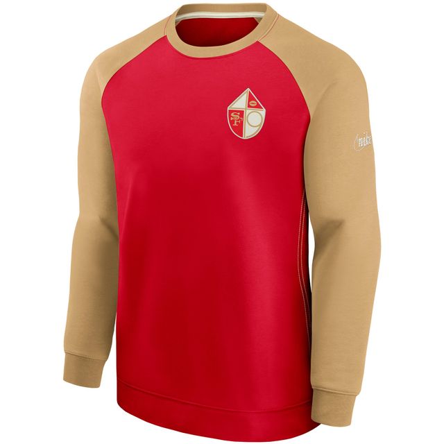 Pull Nike à col ras du cou et manches raglan historique des 49ers de San Francisco pour homme, couleur écarlate/doré