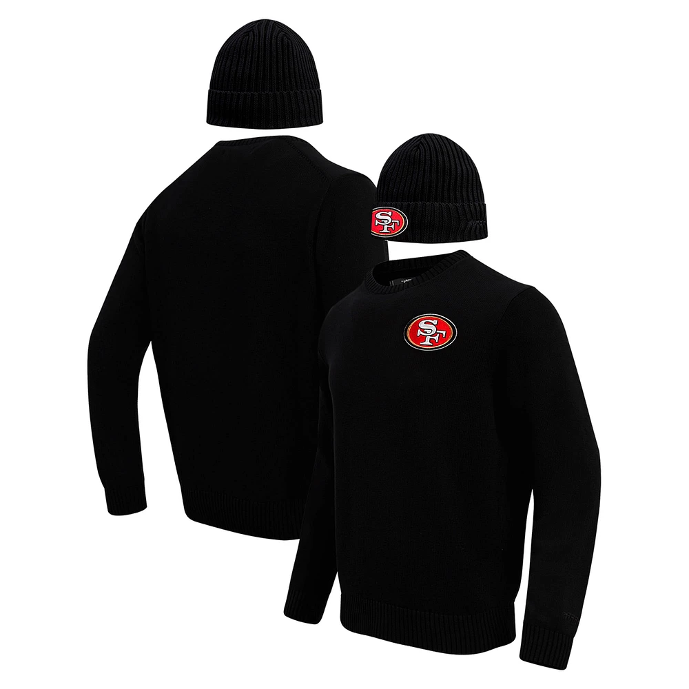 Men's Pro Standard Black San Francisco 49ers Crewneck Pullover Sweater & Cuffed Knit Hat Box Gift Set