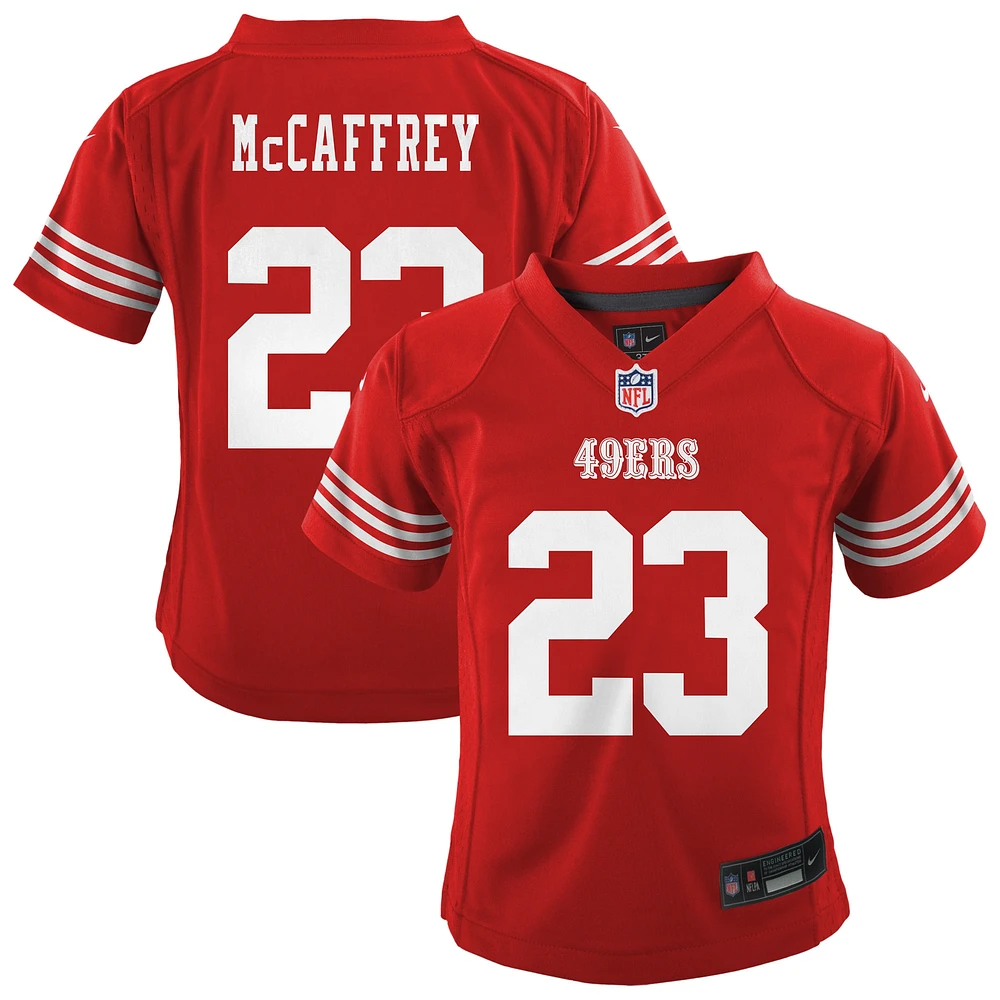 Maillot de jeu joueur Nike Christian McCaffrey Scarlet San Francisco 49ers pour enfant d'âge préscolaire