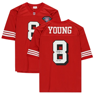 Maillot réplique rouge autographié par Steve Young des San Francisco 49ers avec l'inscription "HOF 2005"