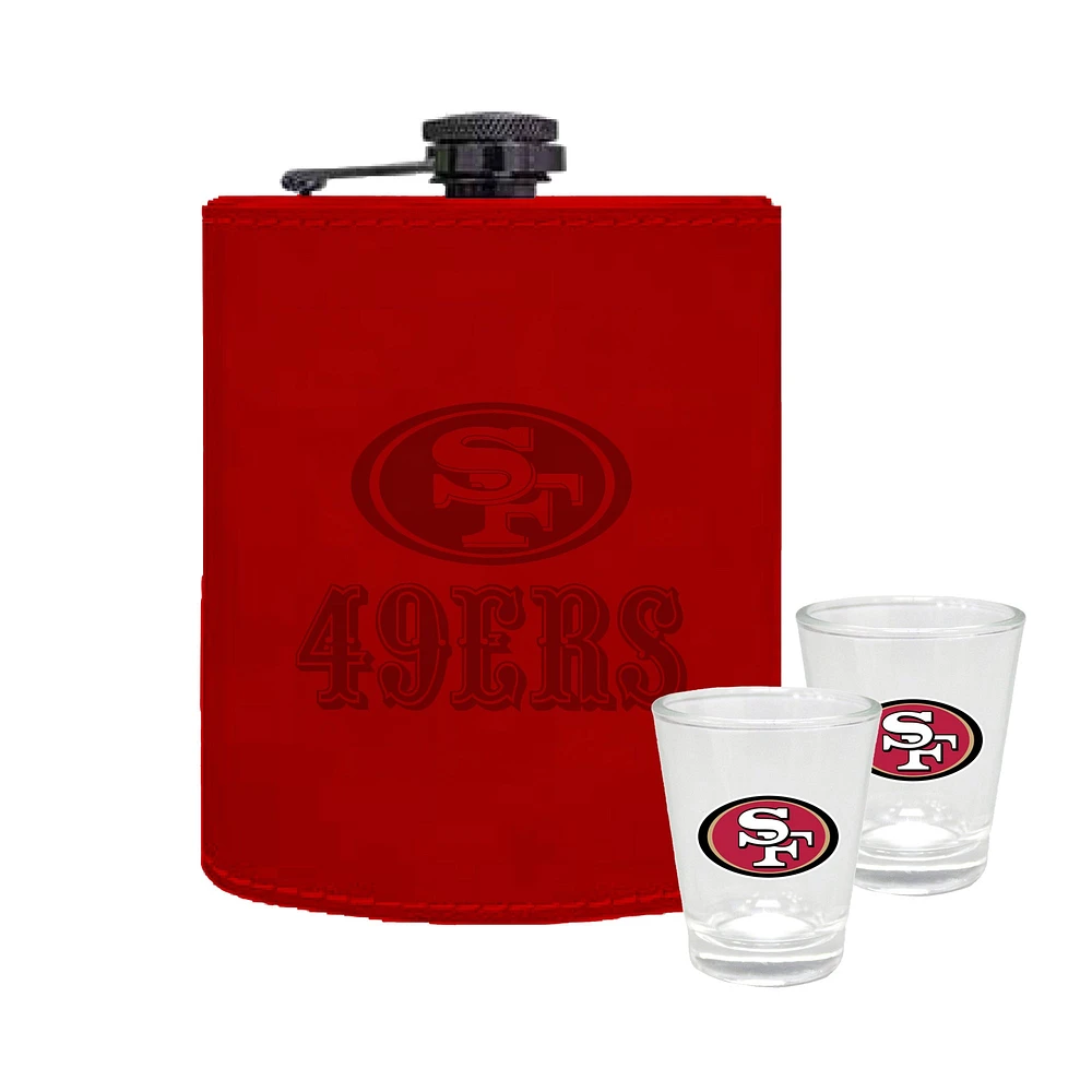 The Memory Company San Francisco 49ers Three-Pack 8oz. Leather Flask & 2oz. Shot Glass Set