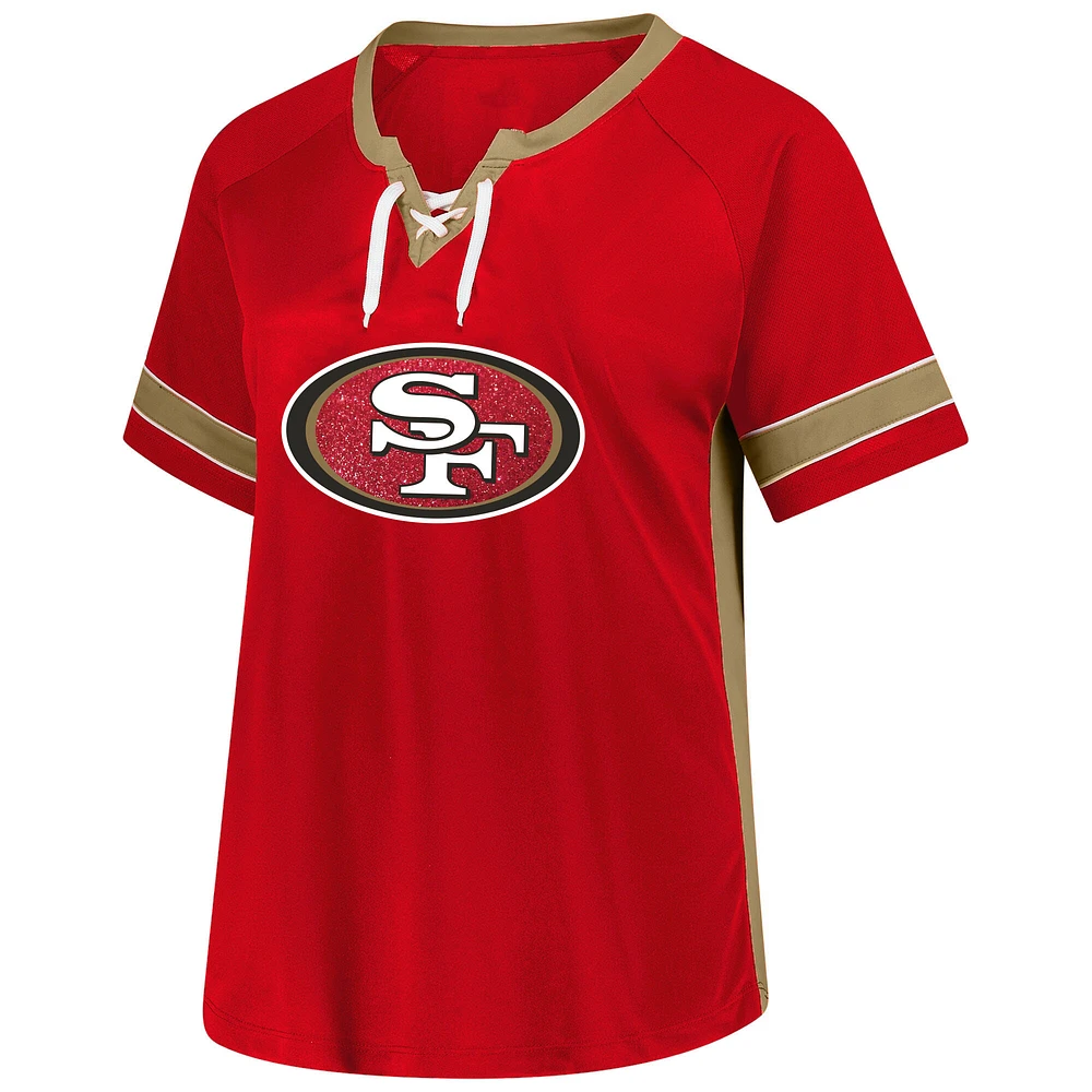 T-shirt à lacets grande taille avec nom et numéro pour femmes Fanatics Christian McCaffrey Scarlet San Francisco 49ers