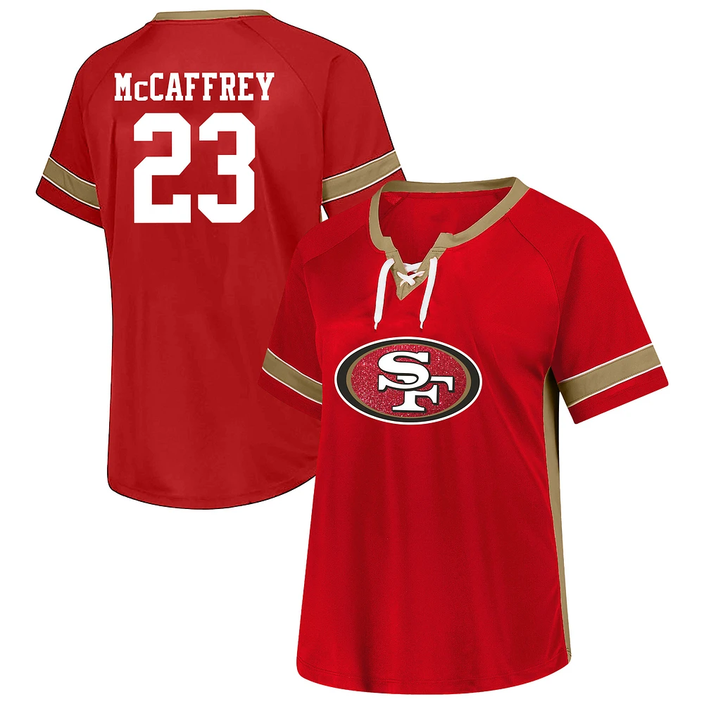 T-shirt à lacets grande taille avec nom et numéro pour femmes Fanatics Christian McCaffrey Scarlet San Francisco 49ers