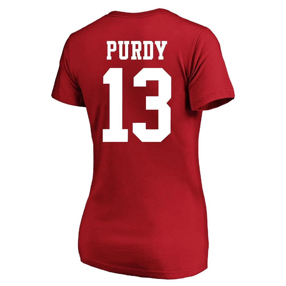 T-shirt à col rond avec nom et numéro Fair Catch pour femme Brock Purdy Scarlet San Francisco 49ers, grande taille