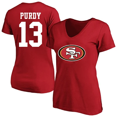 T-shirt à col rond avec nom et numéro Fair Catch pour femme Brock Purdy Scarlet San Francisco 49ers, grande taille