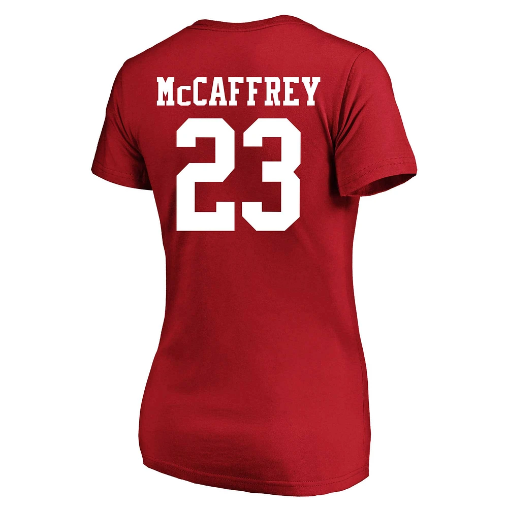 T-shirt à col rond avec nom et numéro Fair Catch pour femme Christian McCaffrey Scarlet San Francisco 49ers grande taille