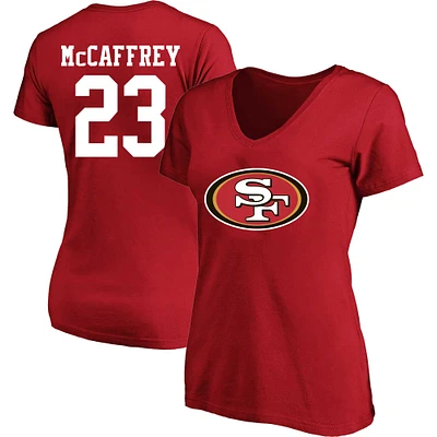 T-shirt à col rond avec nom et numéro Fair Catch pour femme Christian McCaffrey Scarlet San Francisco 49ers grande taille