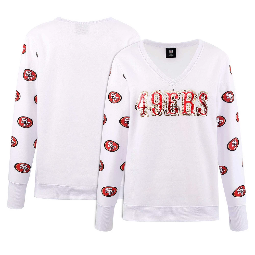 T-shirt à col en V polaire sequins Cuce blanc San Francisco 49ers pour femmes