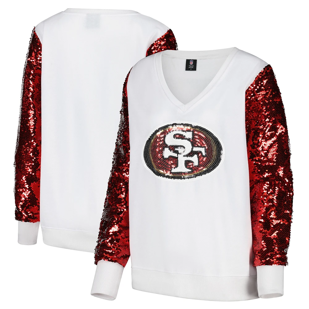 Women's Cuce White San Francisco 49ers Sequin Sleeve V-Neck Pullover Sweatshirt