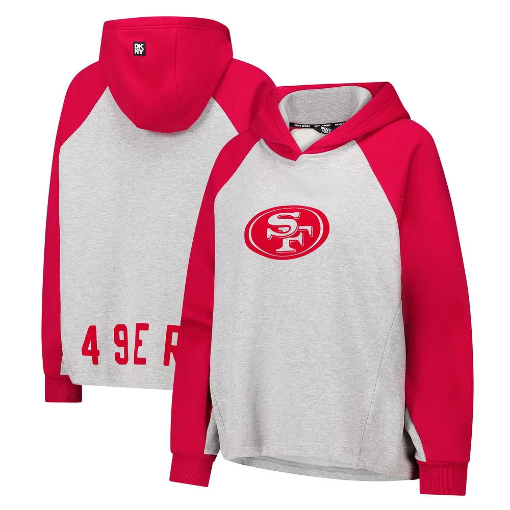 Sweat à capuche court raglan DKNY Sport gris/écarlate pour femme des San Francisco 49ers Joy