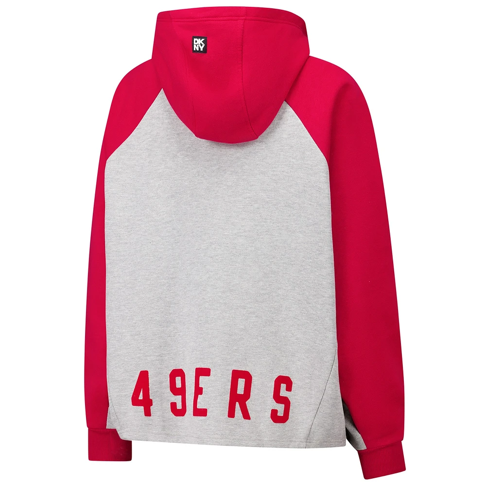 Sweat à capuche court raglan DKNY Sport gris/écarlate pour femme des San Francisco 49ers Joy