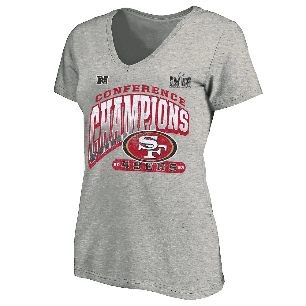 T-shirt à col en V Hail Mary pour femmes de marque Fanatics, gris chiné, San Francisco 49ers 2023 Champions NFC, grande taille