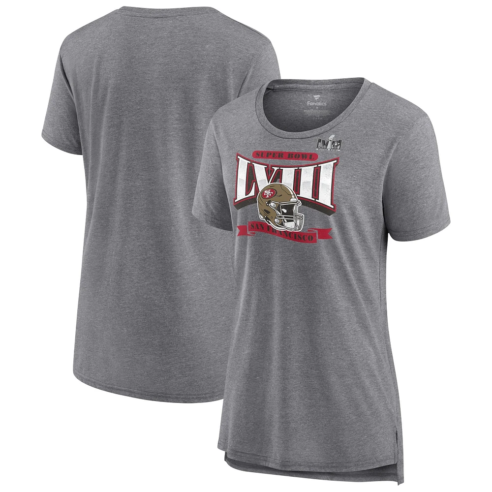 Fanatics Heather Grey San Francisco 49ers Super Bowl LVIII Our Pastime T-shirt à col rond en trois mélanges pour femmes