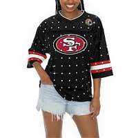 Women's Gameday Couture Black San Francisco 49ers Kickoff Time Allover Rhinestone Sports Stripe Jersey V-Neck T-Shirt