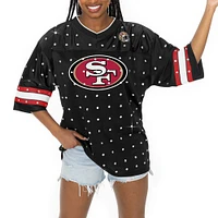 Women's Gameday Couture Black San Francisco 49ers Kickoff Time Allover Rhinestone Sports Stripe Jersey V-Neck T-Shirt