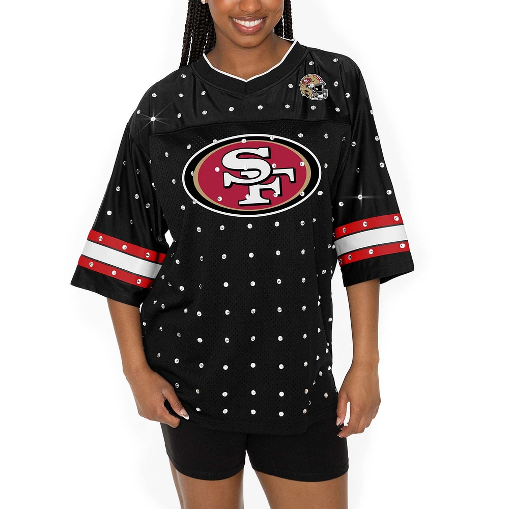 Women's Gameday Couture Black San Francisco 49ers Kickoff Time Allover Rhinestone Sports Stripe Jersey V-Neck T-Shirt