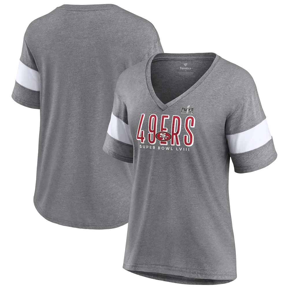 T-shirt mode à col en V pour femme Heather Gray San Francisco 49ers Super Bowl LVIII Cheer Section Tri-Blend