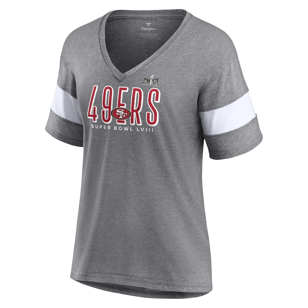 T-shirt mode à col en V pour femme Heather Gray San Francisco 49ers Super Bowl LVIII Cheer Section Tri-Blend