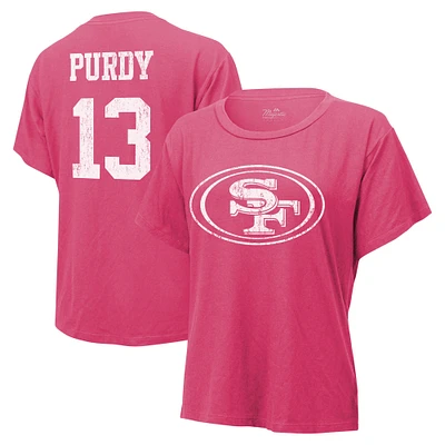 T-shirt avec nom et numéro Majestic Threads pour femmes Brock Purdy rose San Francisco 49ers